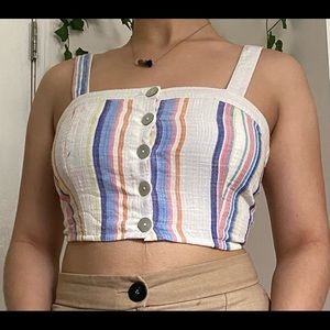 A Pastel yellow, blue and pink buttoned front crop top
